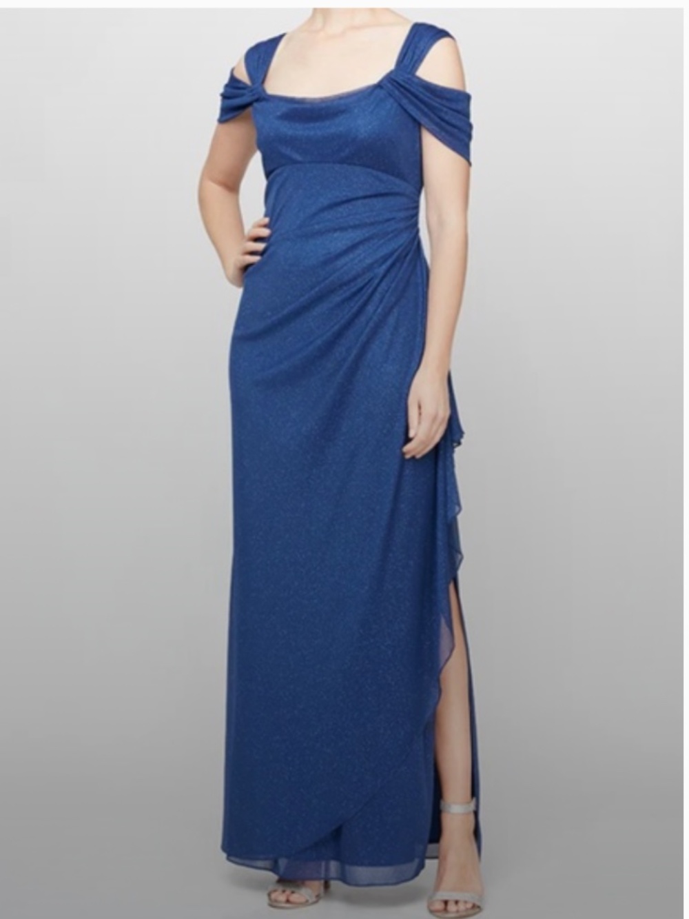 Alex Evening Sz12 Cold Shoulder Glitter Mesh Blue Dress Draped Skirt Cowl Neck